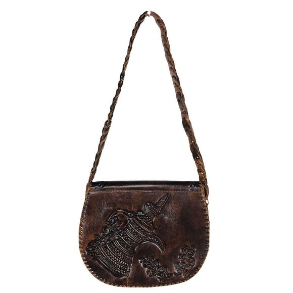 Vintage 70s Stitched Tooled Leather Braided Shoulder Strap Fringe Handbag Purse - Picture 4 of 12